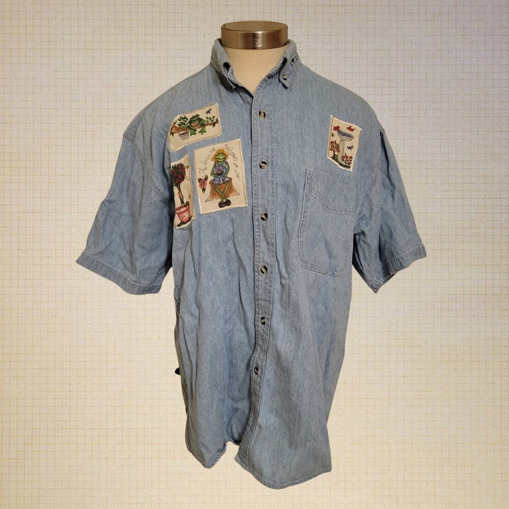 Cottagecore 90s Most Wanted Denim Button Down Shirt Embroidered Patches S Cotton